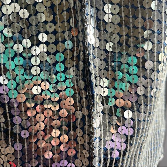 Vintage 80s Joseph le Bon Silver Blue Sequin Silk Short Sleeve Blouse Size Med - Picture 9 of 9